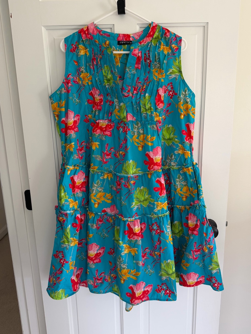APNY XL 100% Cotton Floral Tiered Sleeveless Babydoll Dress w Pockets